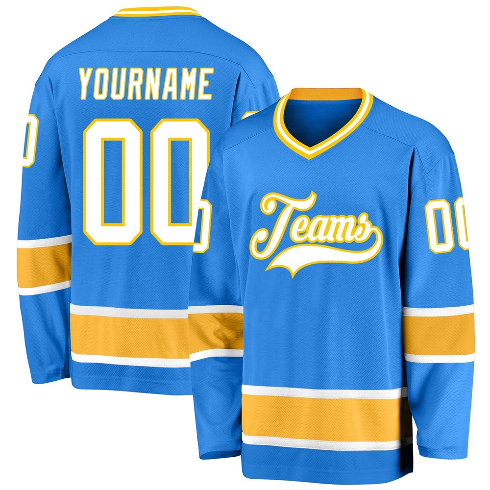 Usa Hockey Jersey, Custom Powder Blue White Gold Hockey Jersey, Team Hockey Jerseys