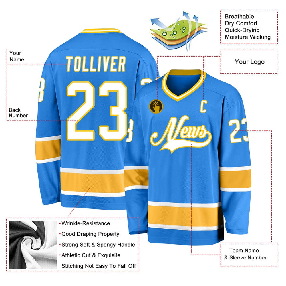 Usa Hockey Jersey, Custom Powder Blue White Gold Hockey Jersey, Team Hockey Jerseys