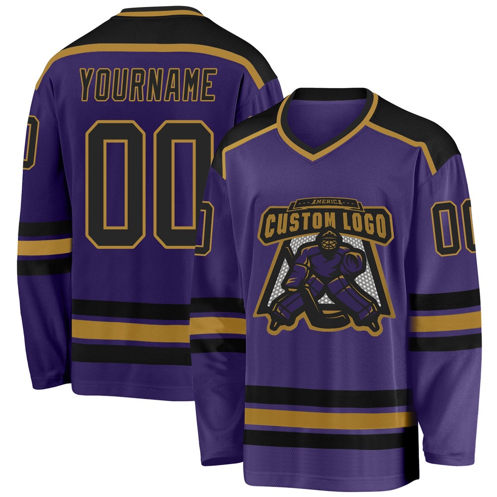 Usa Hockey Jersey, Custom Purple Black Old Gold Hockey Jersey, Team Hockey Jerseys