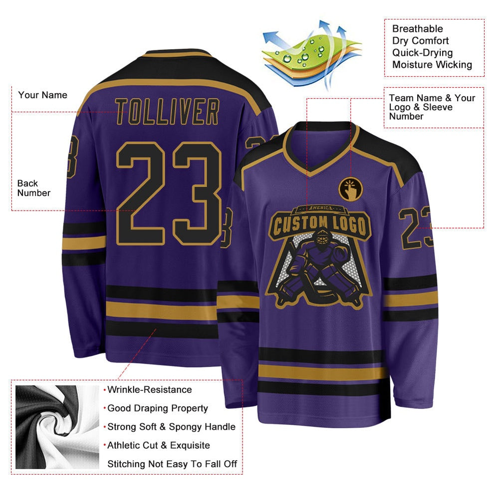 Usa Hockey Jersey, Custom Purple Black Old Gold Hockey Jersey, Team Hockey Jerseys