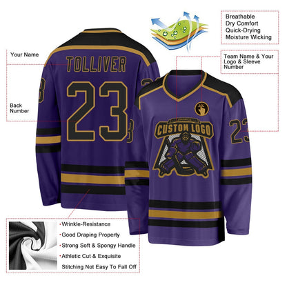 Usa Hockey Jersey, Custom Purple Black Old Gold Hockey Jersey, Team Hockey Jerseys