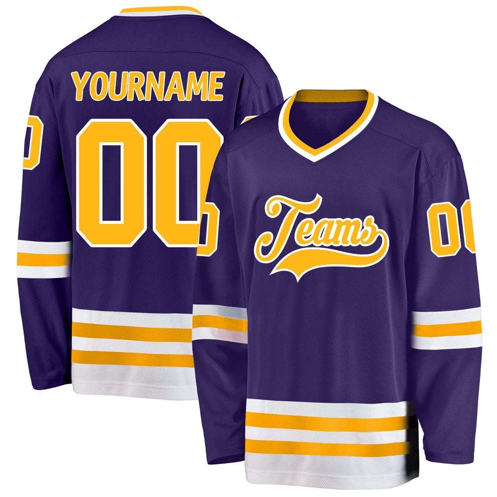 Usa Hockey Jersey, Custom Purple Gold White Hockey Jersey, Team Hockey Jerseys