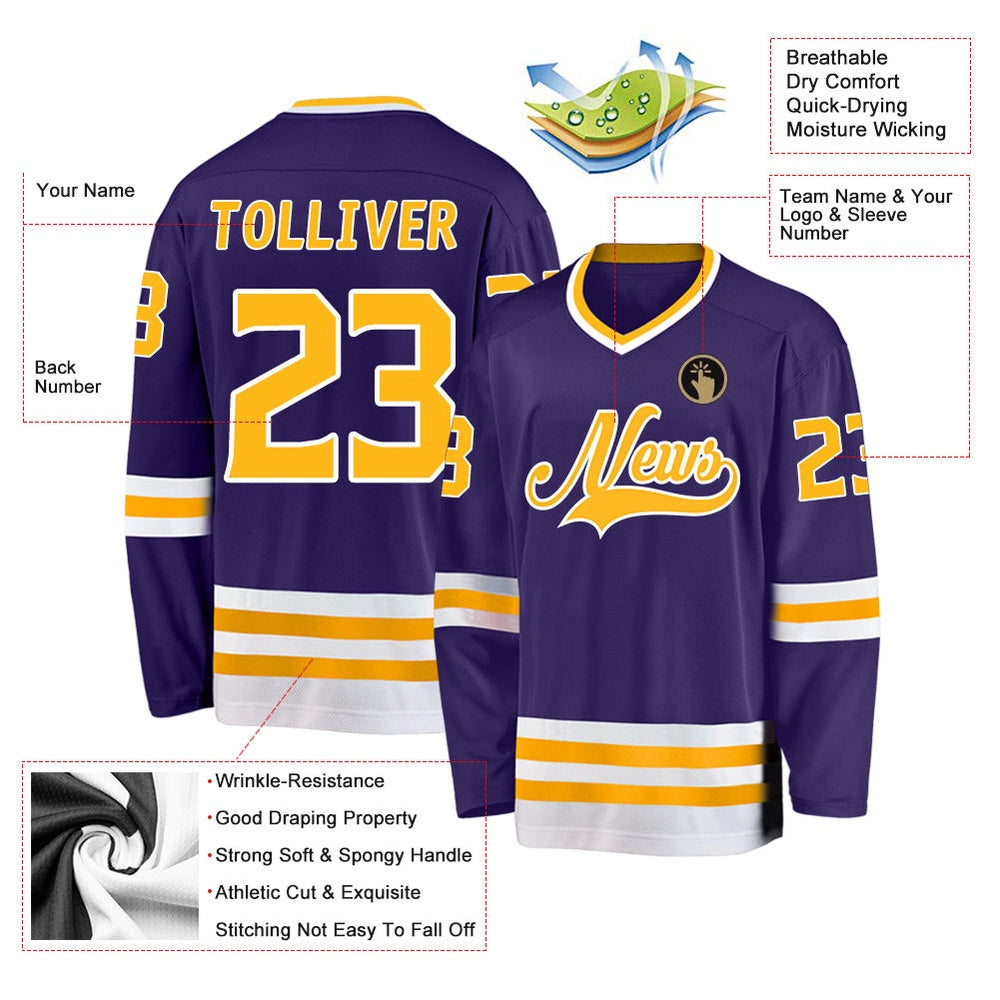Usa Hockey Jersey, Custom Purple Gold White Hockey Jersey, Team Hockey Jerseys