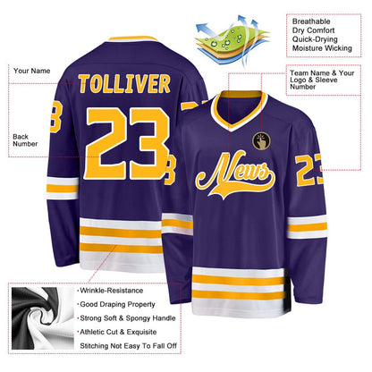 Usa Hockey Jersey, Custom Purple Gold White Hockey Jersey, Team Hockey Jerseys