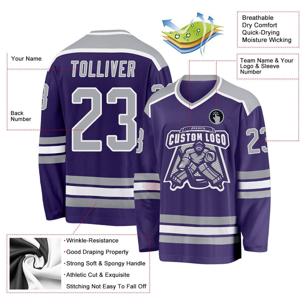 Usa Hockey Jersey, Custom Purple Gray White Hockey Jersey, Team Hockey Jerseys