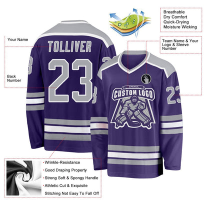 Usa Hockey Jersey, Custom Purple Gray White Hockey Jersey, Team Hockey Jerseys