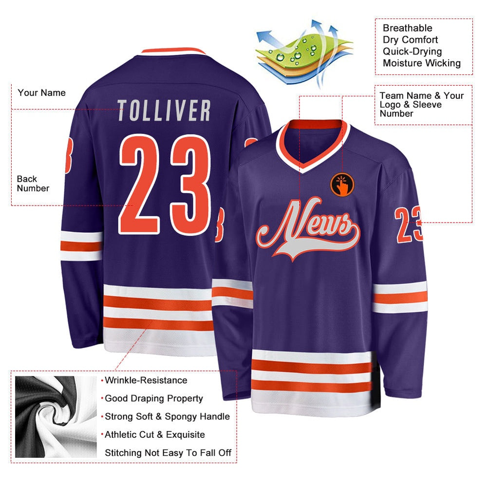 Usa Hockey Jersey, Custom Purple Orange White Hockey Jersey, Team Hockey Jerseys