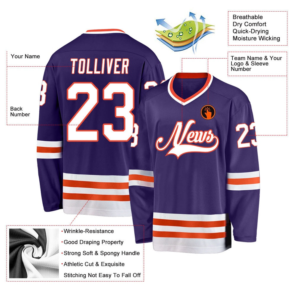 Usa Hockey Jersey, Custom Purple White Orange Hockey Jersey, Team Hockey Jerseys