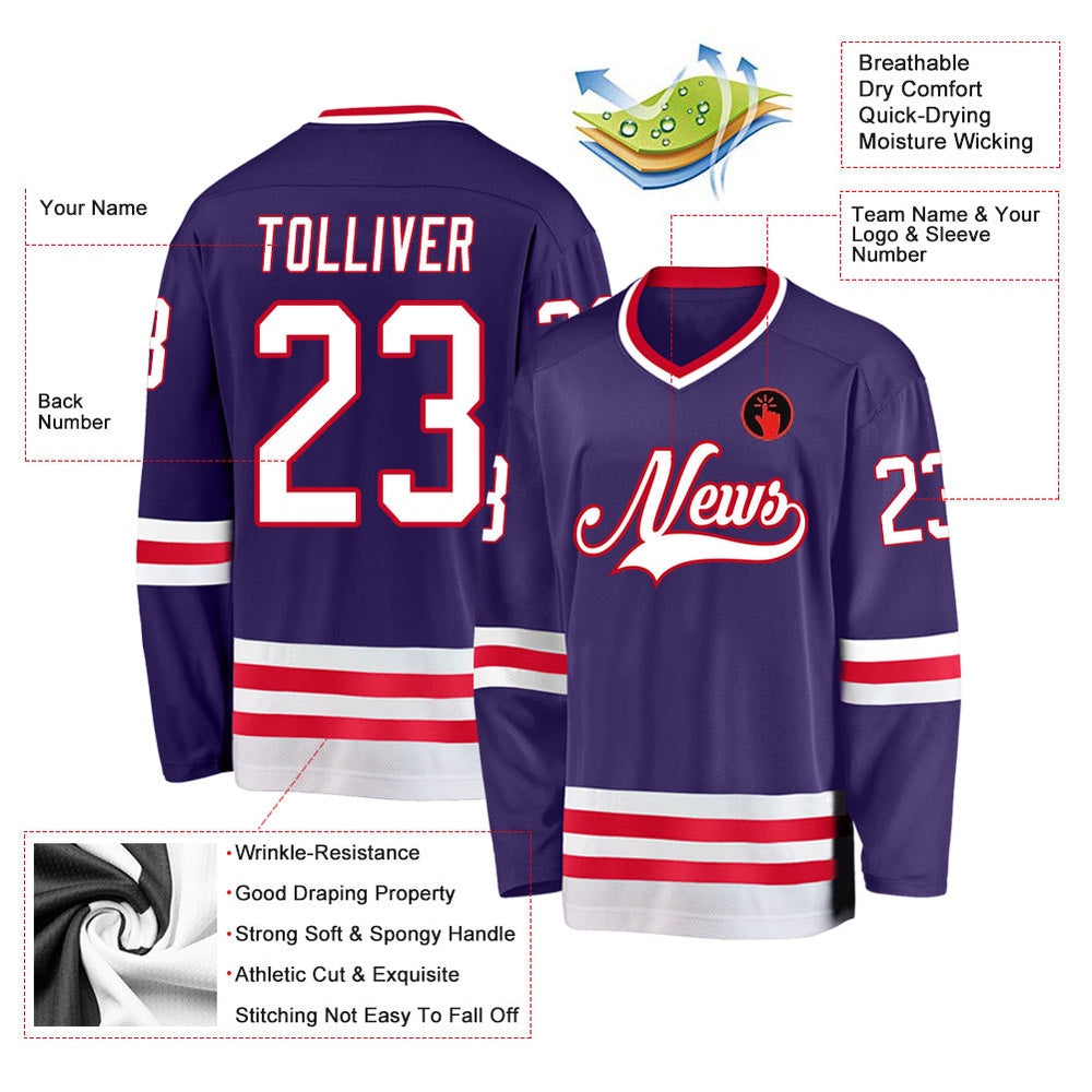 Usa Hockey Jersey, Custom Purple White Red Hockey Jersey, Team Hockey Jerseys