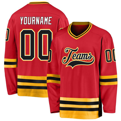 Usa Hockey Jersey, Custom Red Black Gold Hockey Jersey, Team Hockey Jerseys