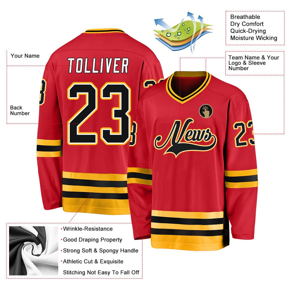 Usa Hockey Jersey, Custom Red Black Gold Hockey Jersey, Team Hockey Jerseys