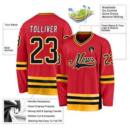 Usa Hockey Jersey, Custom Red Black Gold Hockey Jersey, Team Hockey Jerseys