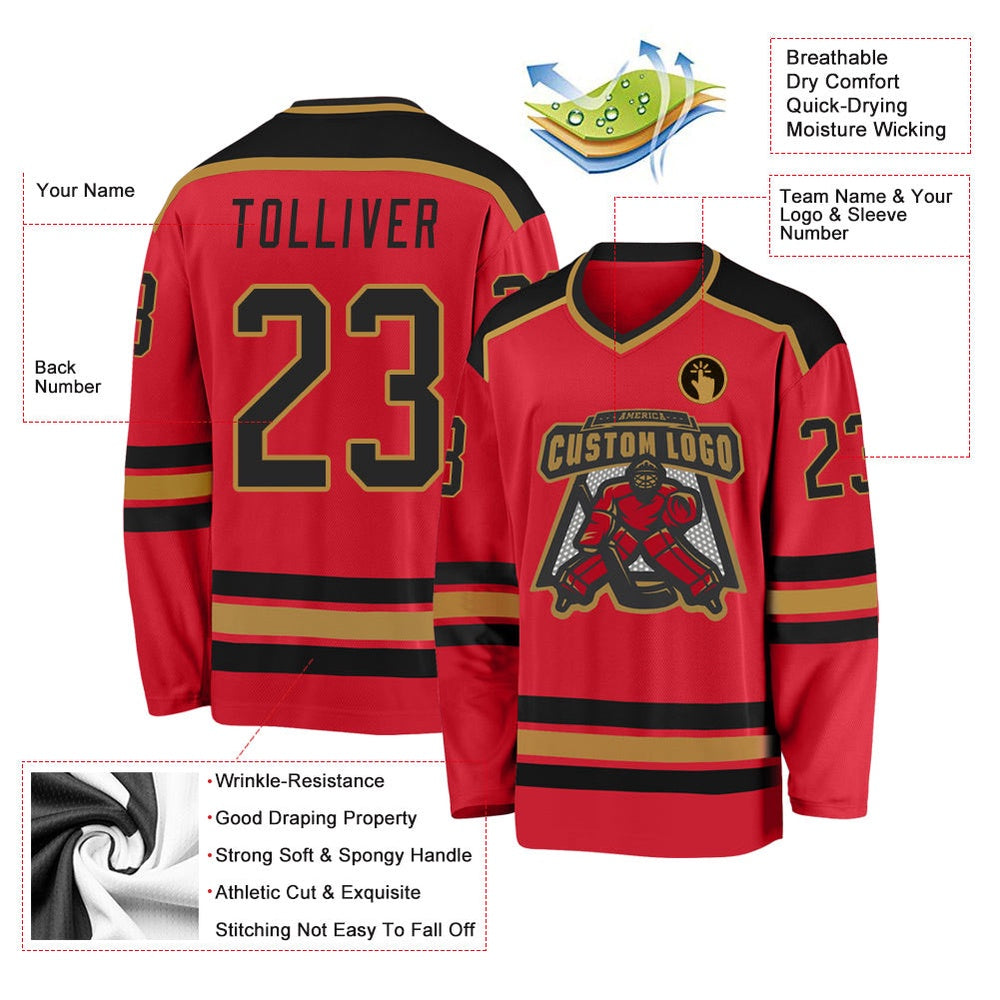 Usa Hockey Jersey, Custom Red Black Old Gold Hockey Jersey, Team Hockey Jerseys