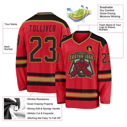Usa Hockey Jersey, Custom Red Black Old Gold Hockey Jersey, Team Hockey Jerseys