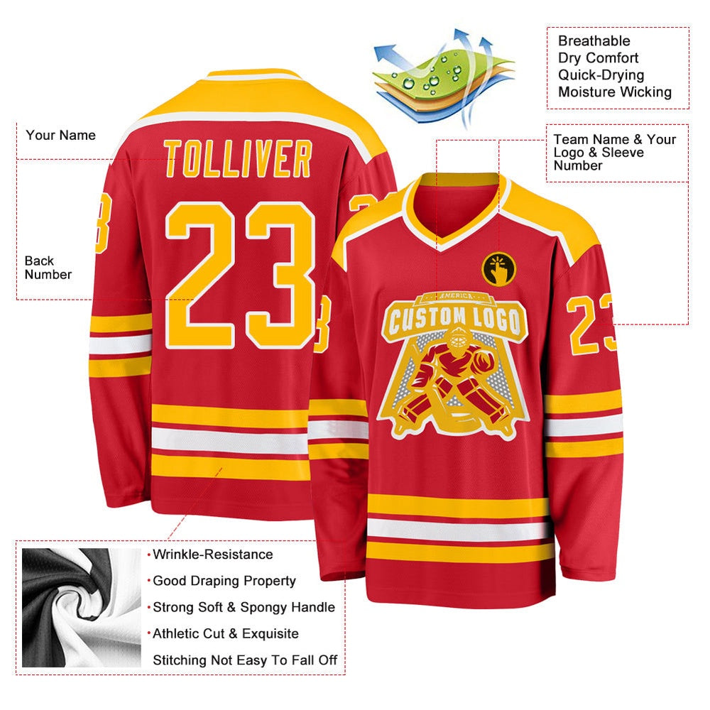 Usa Hockey Jersey, Custom Red Gold White Hockey Jersey, Team Hockey Jerseys