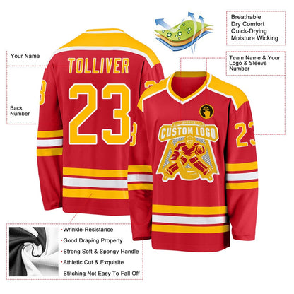 Usa Hockey Jersey, Custom Red Gold White Hockey Jersey, Team Hockey Jerseys