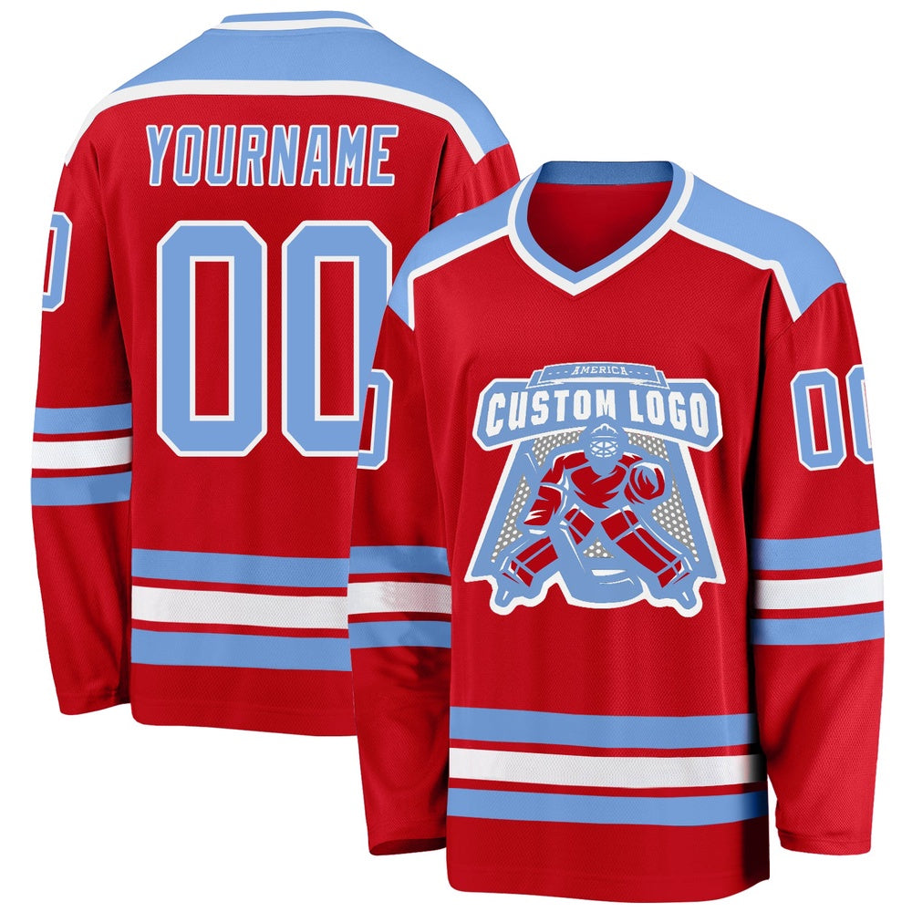 Usa Hockey Jersey, Custom Red Light Blue White Hockey Jersey, Team Hockey Jerseys