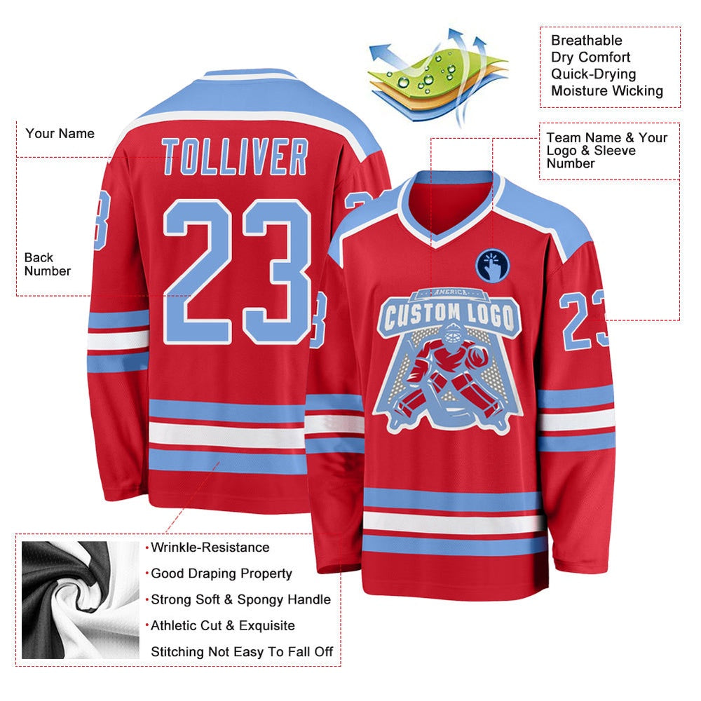 Usa Hockey Jersey, Custom Red Light Blue White Hockey Jersey, Team Hockey Jerseys