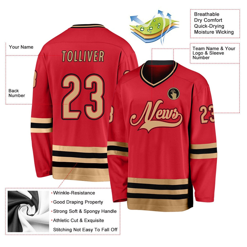 Usa Hockey Jersey, Custom Red Old Gold Black Hockey Jersey, Team Hockey Jerseys