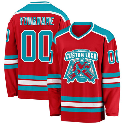 Usa Hockey Jersey, Custom Red Teal White Hockey Jersey, Team Hockey Jerseys