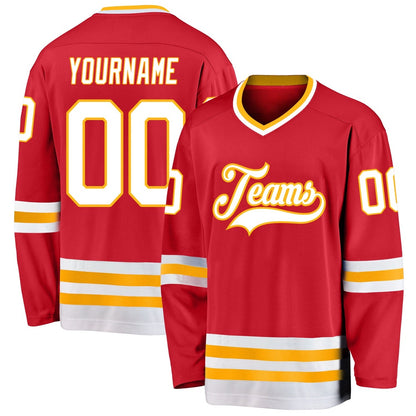 Usa Hockey Jersey, Custom Red White Gold Hockey Jersey, Team Hockey Jerseys