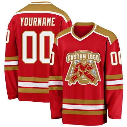 Usa Hockey Jersey, Custom Red White Old Gold 1 Hockey Jersey, Team Hockey Jerseys