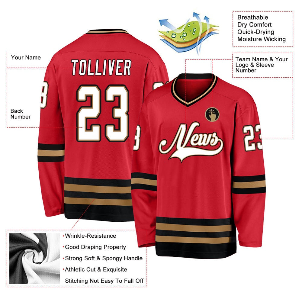 Usa Hockey Jersey, Custom Red White Old Gold Hockey Jersey, Team Hockey Jerseys
