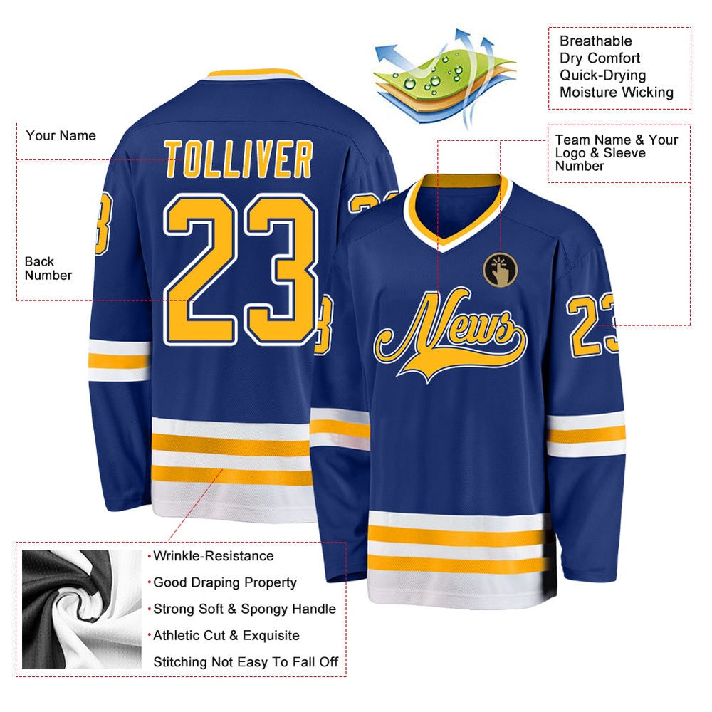 Usa Hockey Jersey, Custom Royal Gold White Hockey Jersey, Team Hockey Jerseys