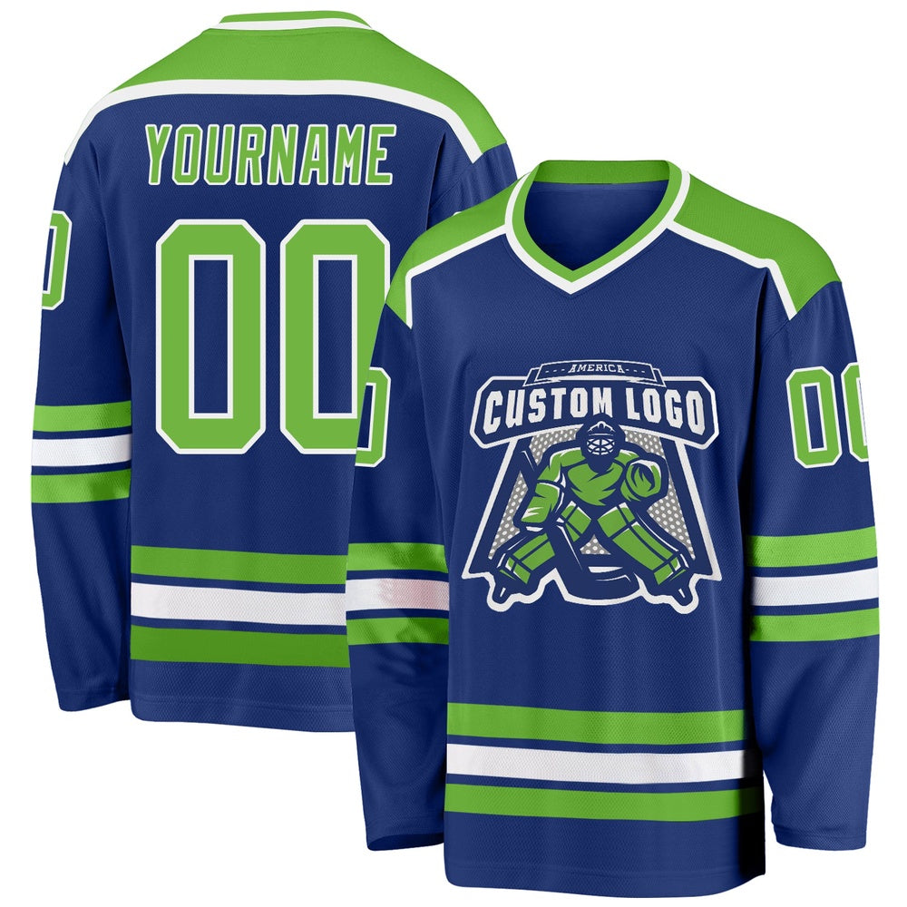 Usa Hockey Jersey, Custom Royal Neon Green White Hockey Jersey, Team Hockey Jerseys