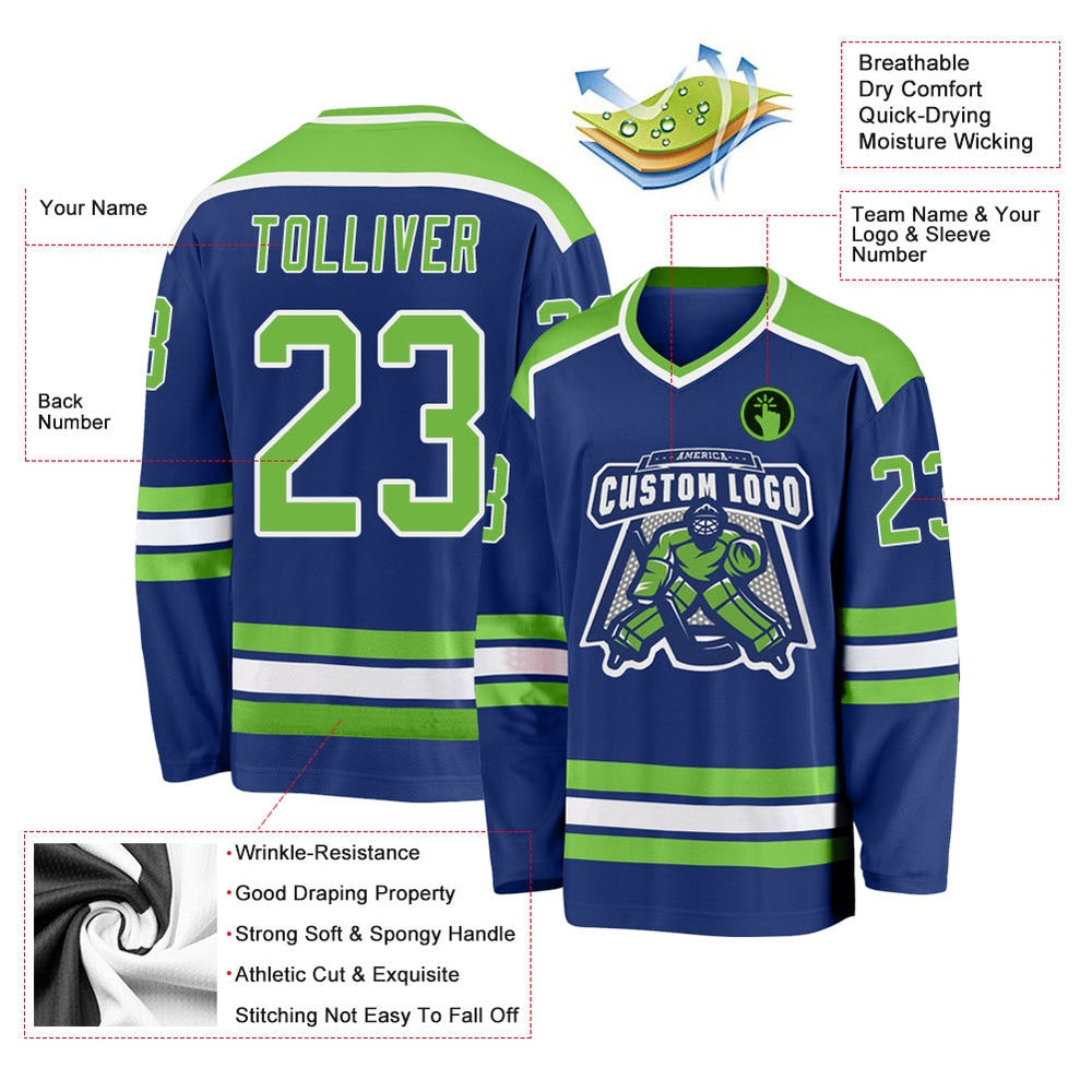 Usa Hockey Jersey, Custom Royal Neon Green White Hockey Jersey, Team Hockey Jerseys