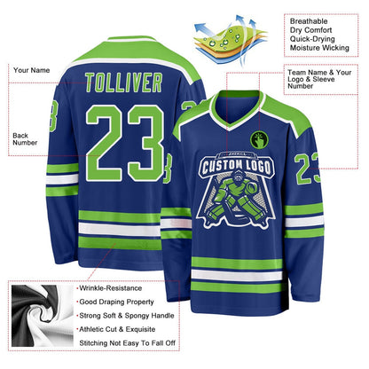Usa Hockey Jersey, Custom Royal Neon Green White Hockey Jersey, Team Hockey Jerseys