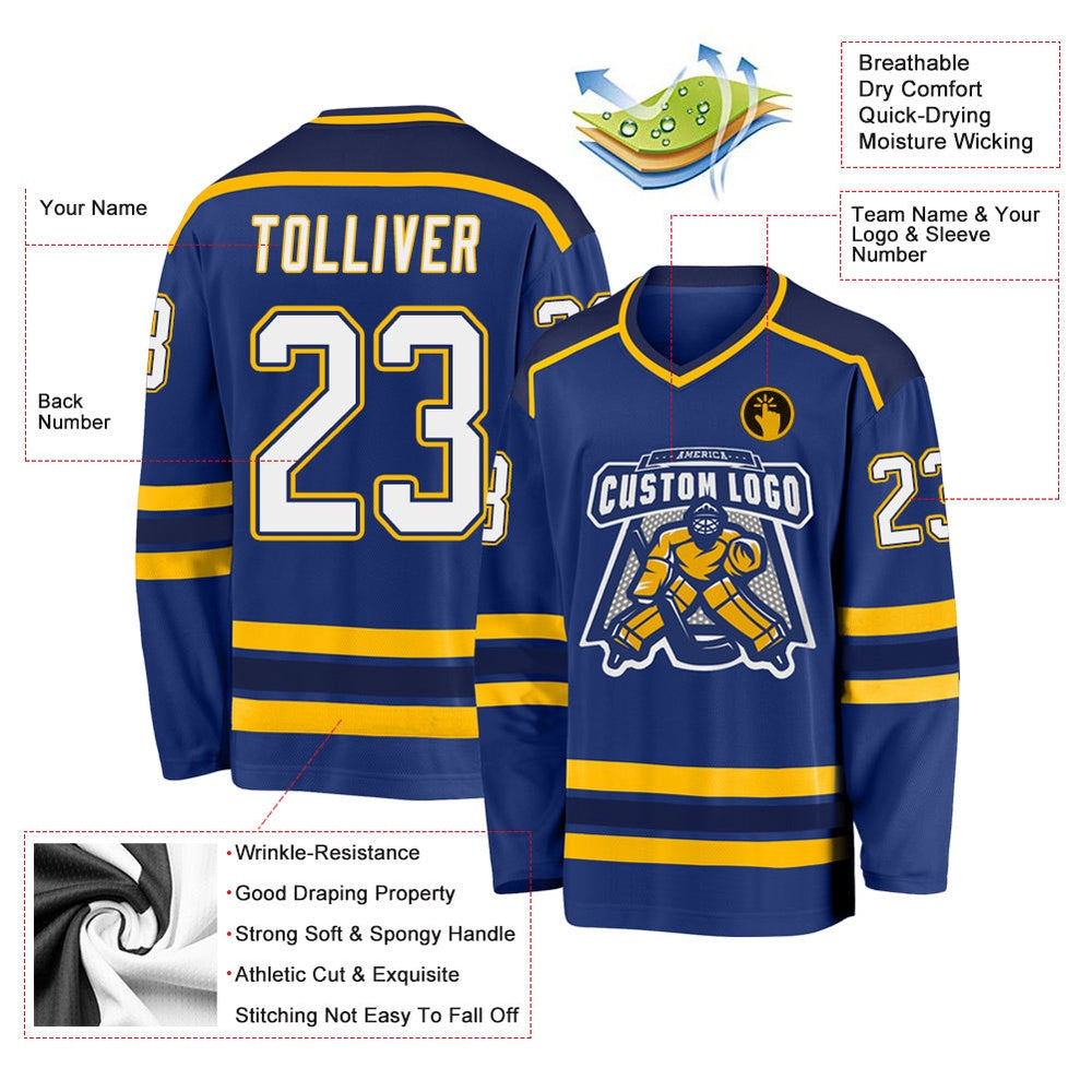 Usa Hockey Jersey, Custom Royal White Navy Gold Hockey Jersey, Team Hockey Jerseys