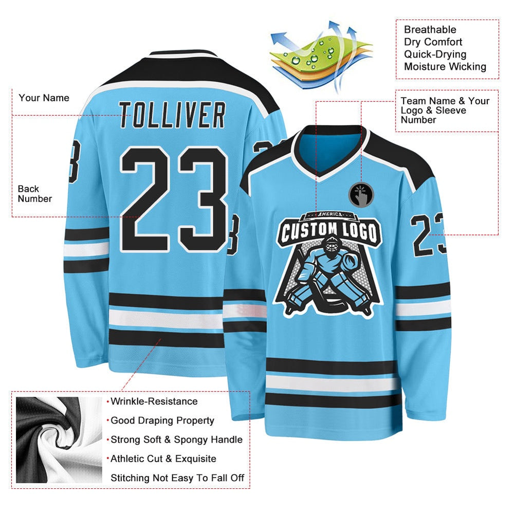 Usa Hockey Jersey, Custom Sky Blue Black White Hockey Jersey, Team Hockey Jerseys