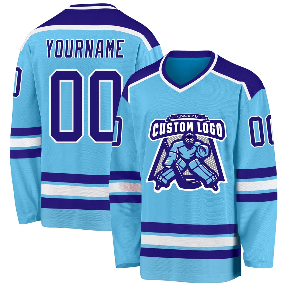 Usa Hockey Jersey, Custom Sky Blue Dark Purple White Hockey Jersey, Team Hockey Jerseys