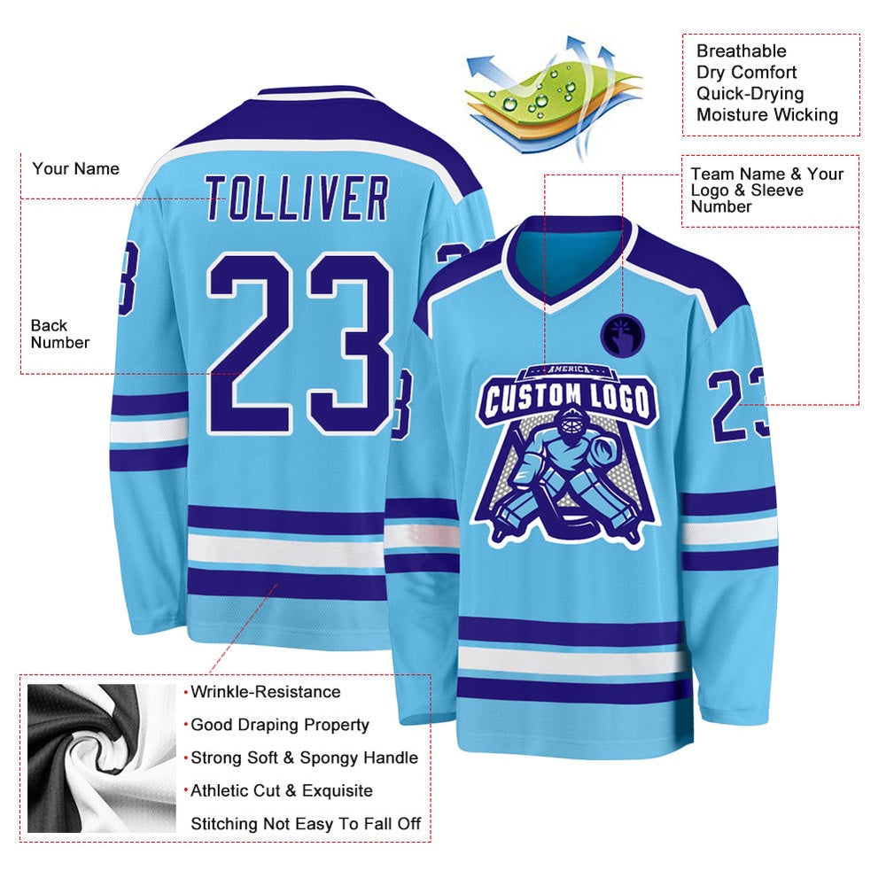 Usa Hockey Jersey, Custom Sky Blue Dark Purple White Hockey Jersey, Team Hockey Jerseys