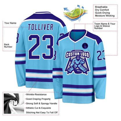 Usa Hockey Jersey, Custom Sky Blue Dark Purple White Hockey Jersey, Team Hockey Jerseys