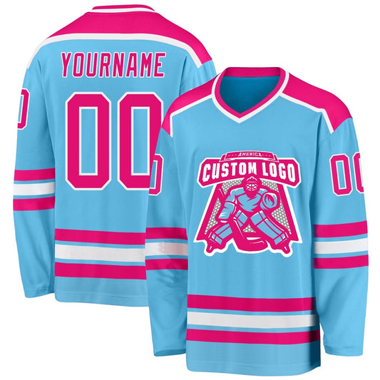 Usa Hockey Jersey, Custom Sky Blue Hot Pink White Hockey Jersey, Team Hockey Jerseys