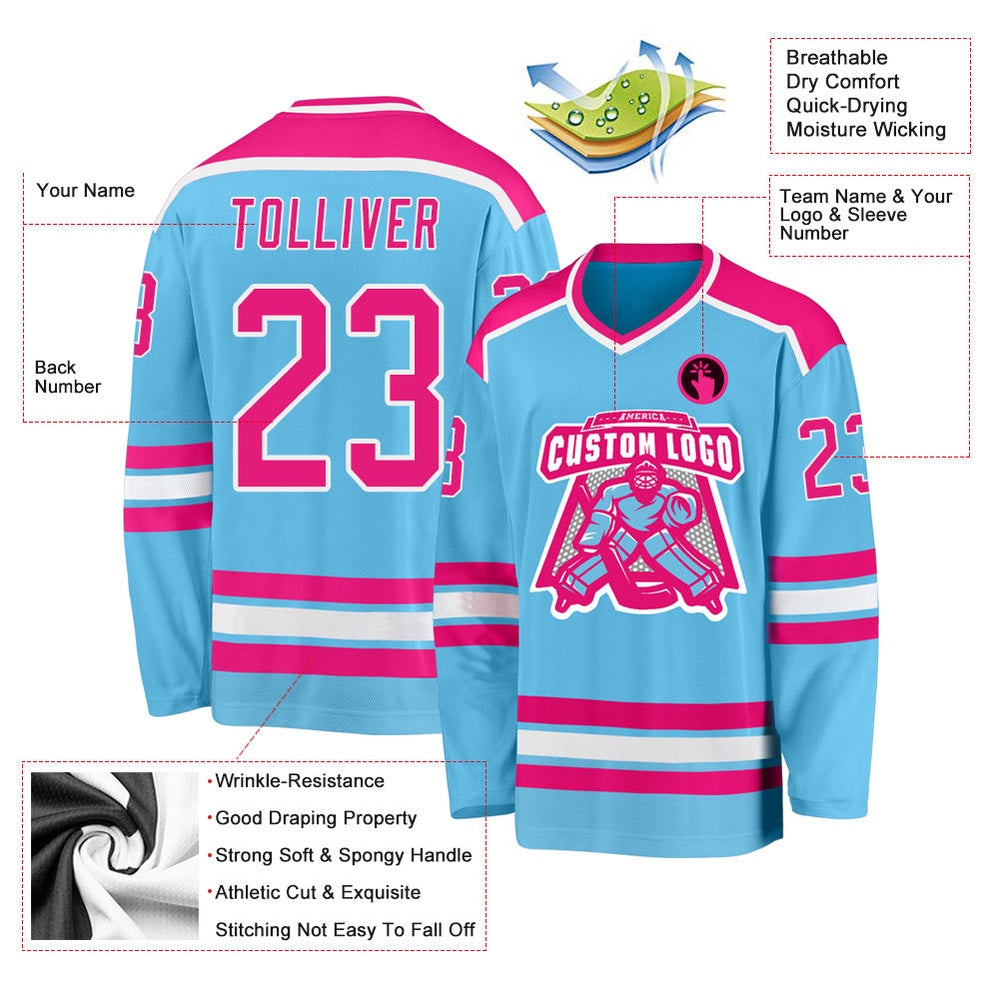 Usa Hockey Jersey, Custom Sky Blue Hot Pink White Hockey Jersey, Team Hockey Jerseys