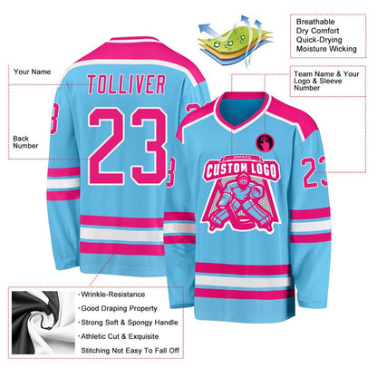 Usa Hockey Jersey, Custom Sky Blue Hot Pink White Hockey Jersey, Team Hockey Jerseys