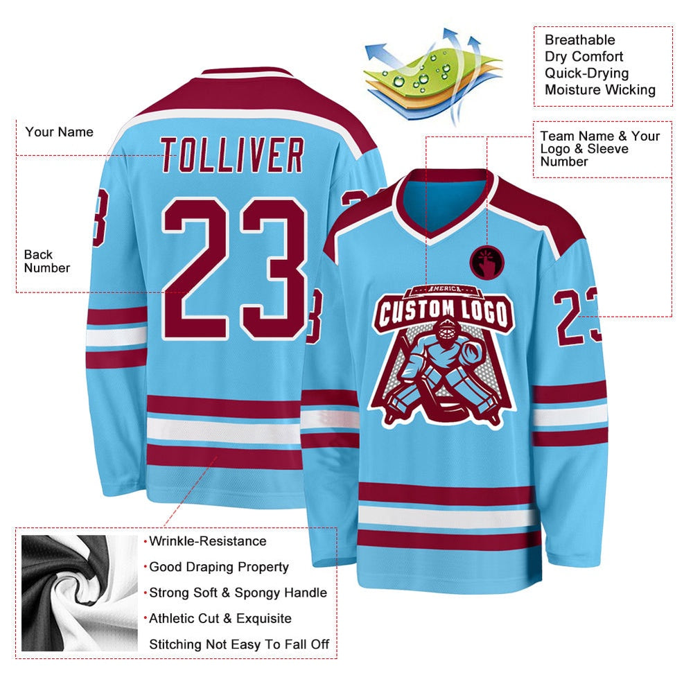 Usa Hockey Jersey, Custom Sky Blue Maroon White Hockey Jersey, Team Hockey Jerseys