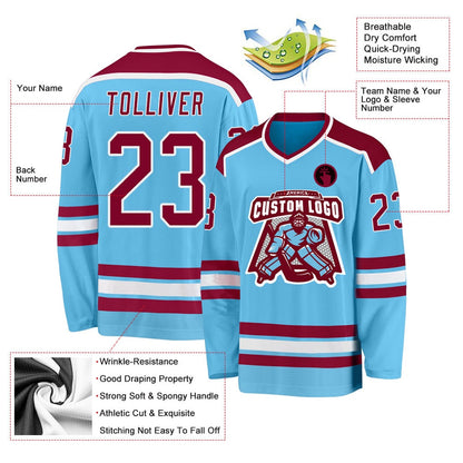 Usa Hockey Jersey, Custom Sky Blue Maroon White Hockey Jersey, Team Hockey Jerseys