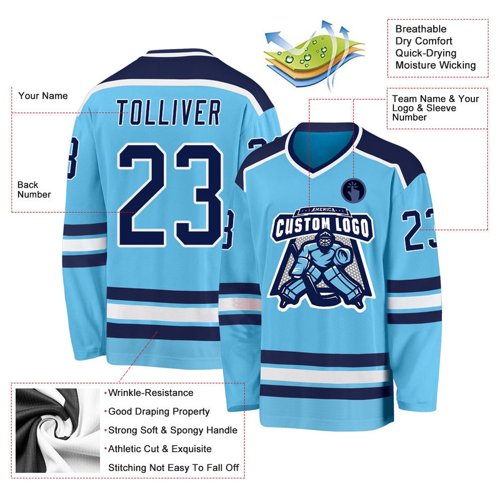 Usa Hockey Jersey, Custom Sky Blue Navy White Hockey Jersey, Team Hockey Jerseys
