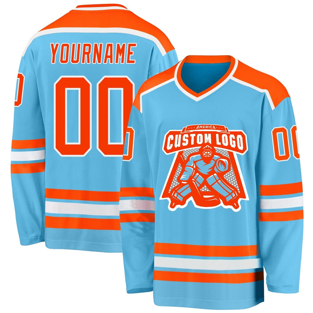 Usa Hockey Jersey, Custom Sky Blue Orange White Hockey Jersey, Team Hockey Jerseys