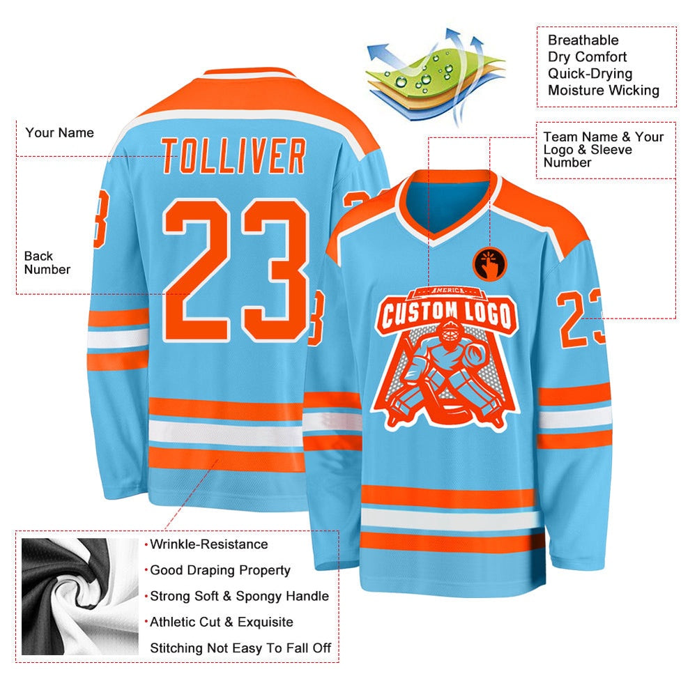 Usa Hockey Jersey, Custom Sky Blue Orange White Hockey Jersey, Team Hockey Jerseys