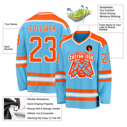 Usa Hockey Jersey, Custom Sky Blue Orange White Hockey Jersey, Team Hockey Jerseys