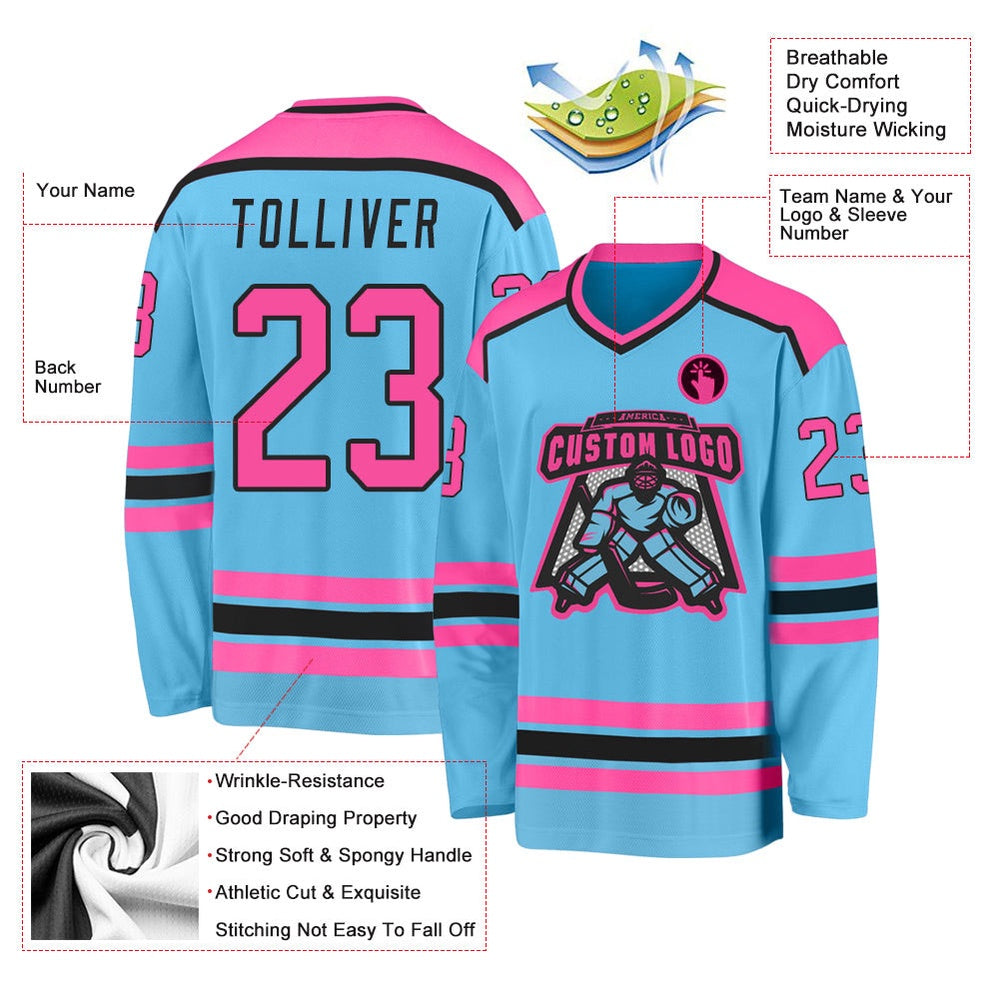 Usa Hockey Jersey, Custom Sky Blue Pink Black Hockey Jersey, Team Hockey Jerseys