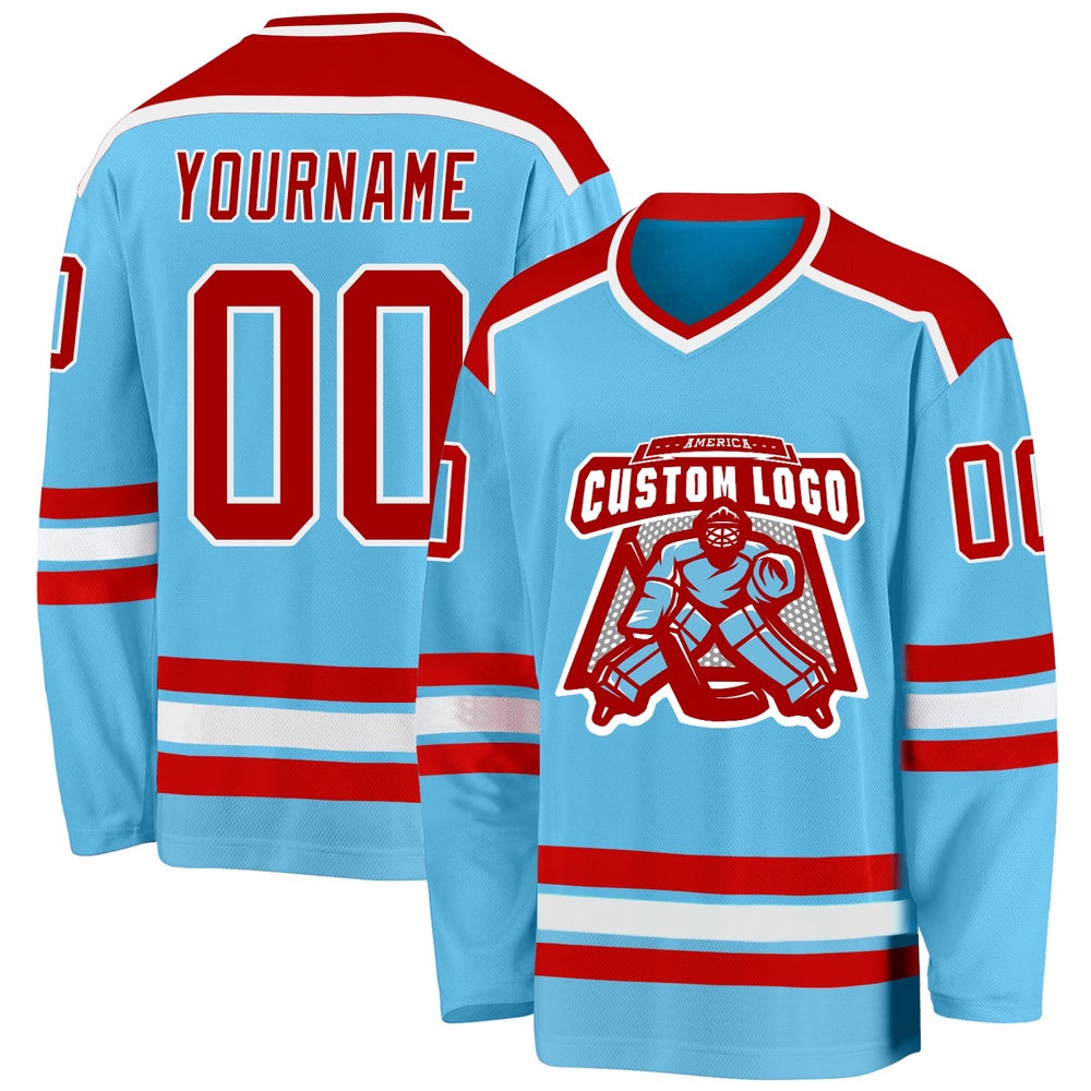 Usa Hockey Jersey, Custom Sky Blue Red White Hockey Jersey, Team Hockey Jerseys