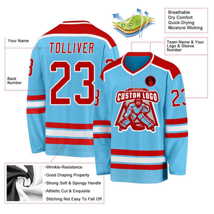 Usa Hockey Jersey, Custom Sky Blue Red White Hockey Jersey, Team Hockey Jerseys