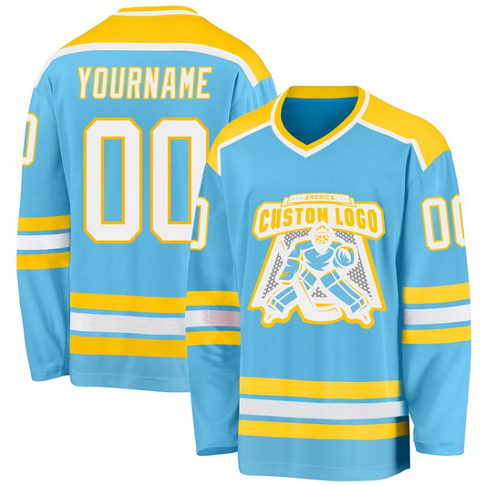 Usa Hockey Jersey, Custom Sky Blue White Gold Hockey Jersey, Team Hockey Jerseys