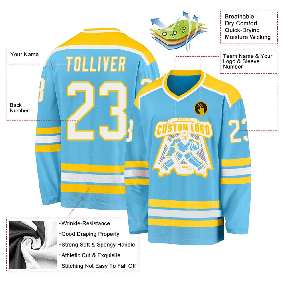 Usa Hockey Jersey, Custom Sky Blue White Gold Hockey Jersey, Team Hockey Jerseys